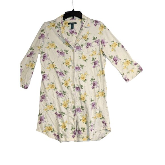 Lauren Ralph Lauren Floral Nightshirt S 100% Cotton Button-Down Yellow & Purple - Picture 1 of 7